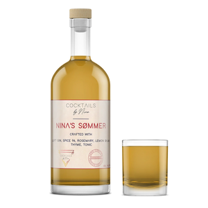 Nina's Sømmers cocktail in a clear bottle with a white label, featuring herbs and a glass with a yellow drink.-Cocktails by Nina