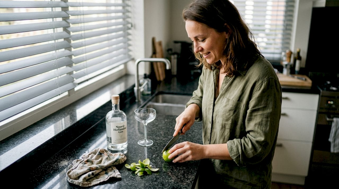 In een zonnige keuken staat een vrouw een frisse cocktail te maken.