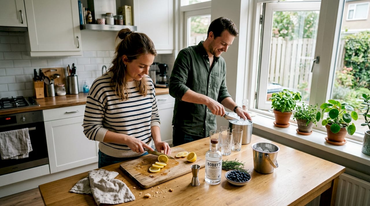 Een stelletje staat gezellig samen cocktails te shaken in hun eigen keuken.