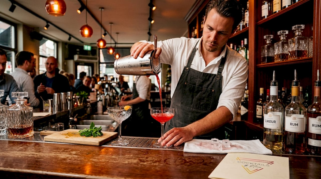 Achter de bar van een bruisend café schenkt de barman vakkundig een cocktail in.