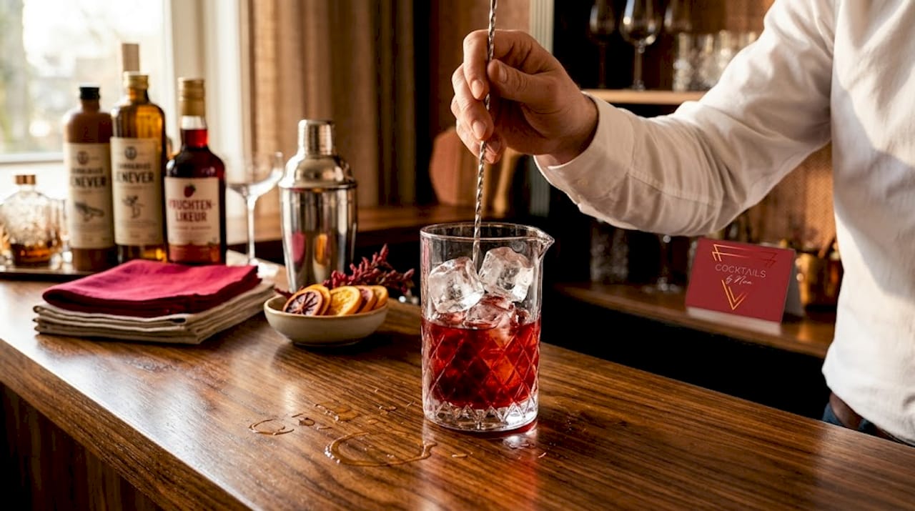 Achter de bar mengt de barman zorgvuldig een cocktail met kraakheldere ijsblokjes.