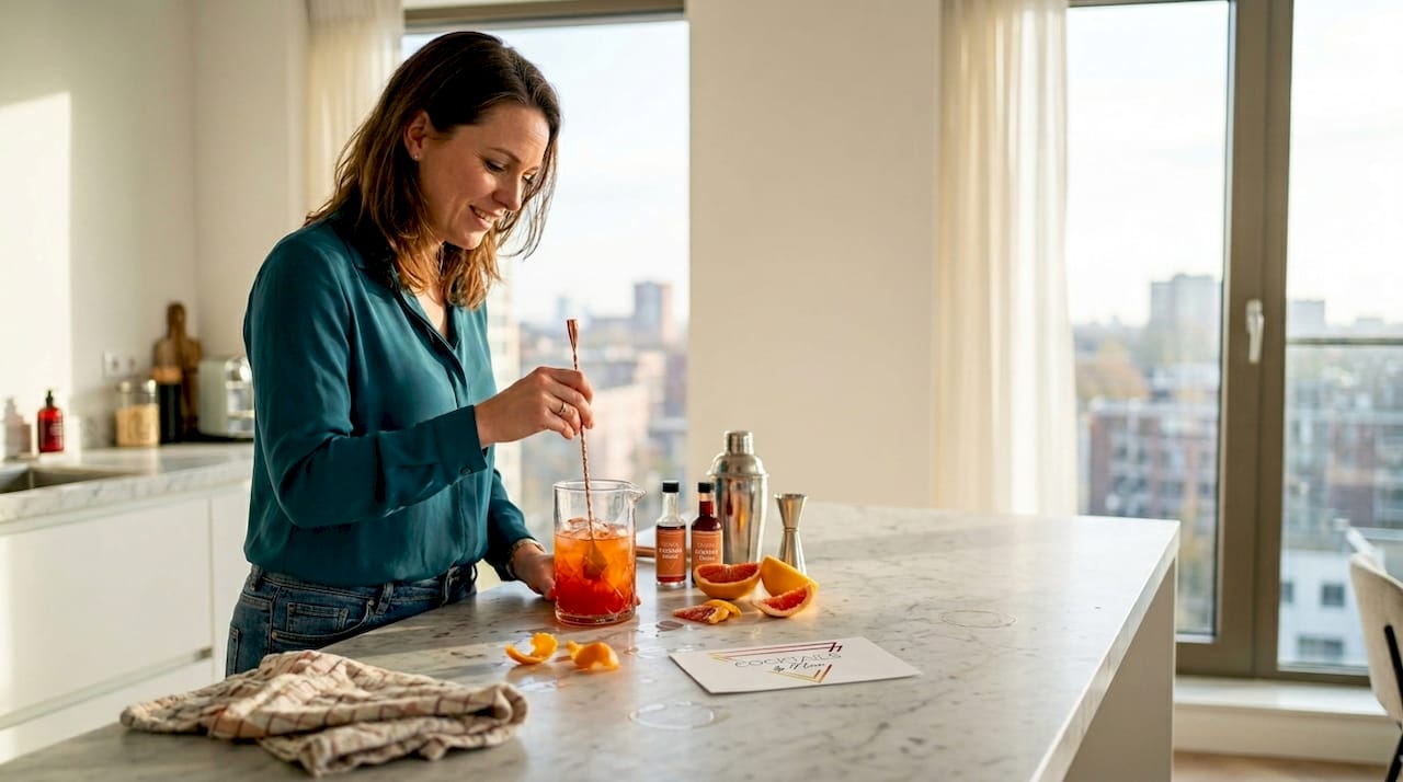 Een vrouw bereidt een luxe cocktail op haar keukeneiland.