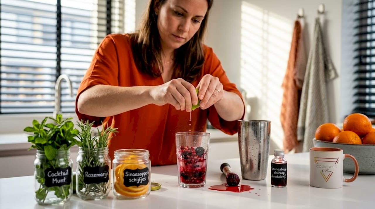 Een vrouw staat in de keuken een alcoholvrije cocktail te maken.