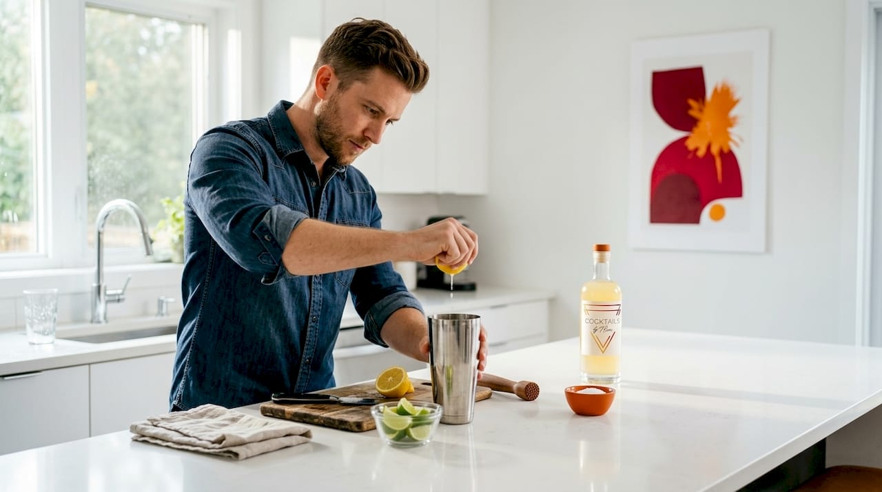Man staat in zijn keuken aan het kookeiland een cocktail te shaken.