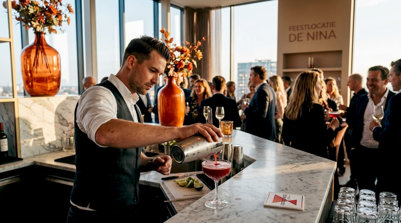 Achter de bar op het evenement schenkt de bartender zijn eigen, unieke cocktail in.