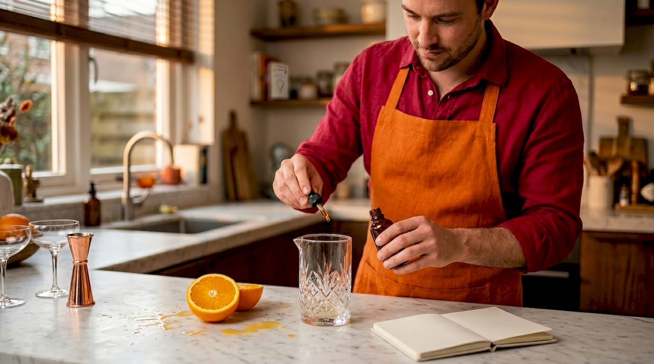 Een man staat in de keuken en maakt zijn cocktail af met een paar druppels bitters.
