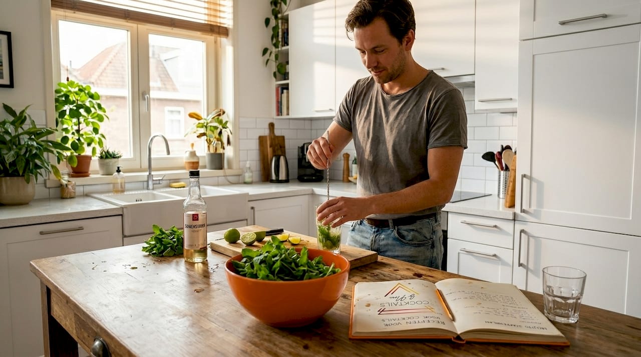 Een man staat in zijn lichte keuken en roert rustig een cocktail door.