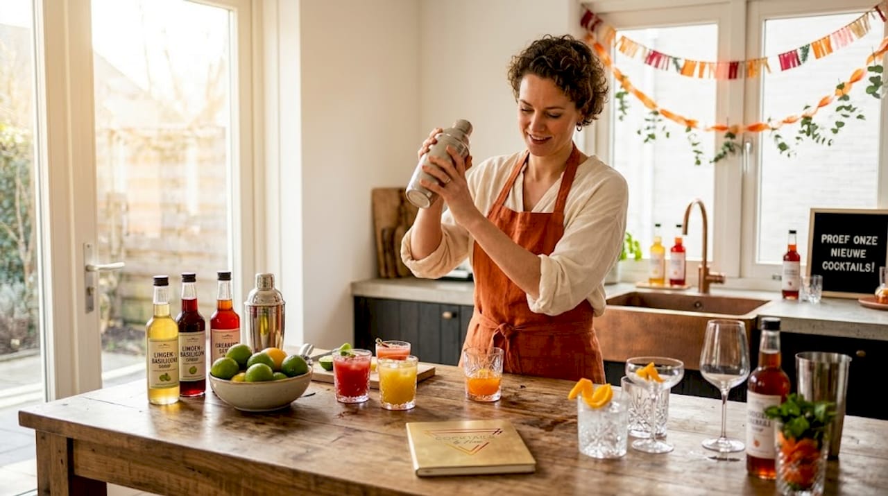 Een vrouw staat cocktails te maken aan het kookeiland in de keuken.