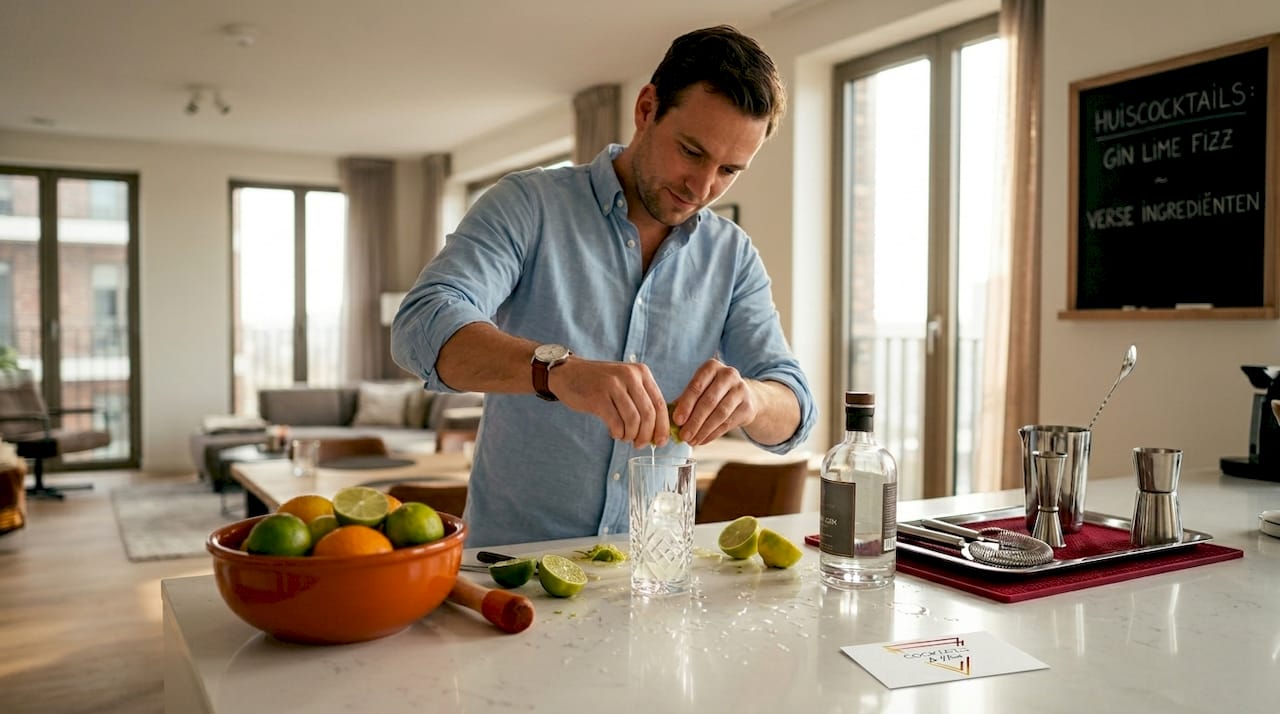In een lichte, moderne keuken staat een man een cocktail te shaken.