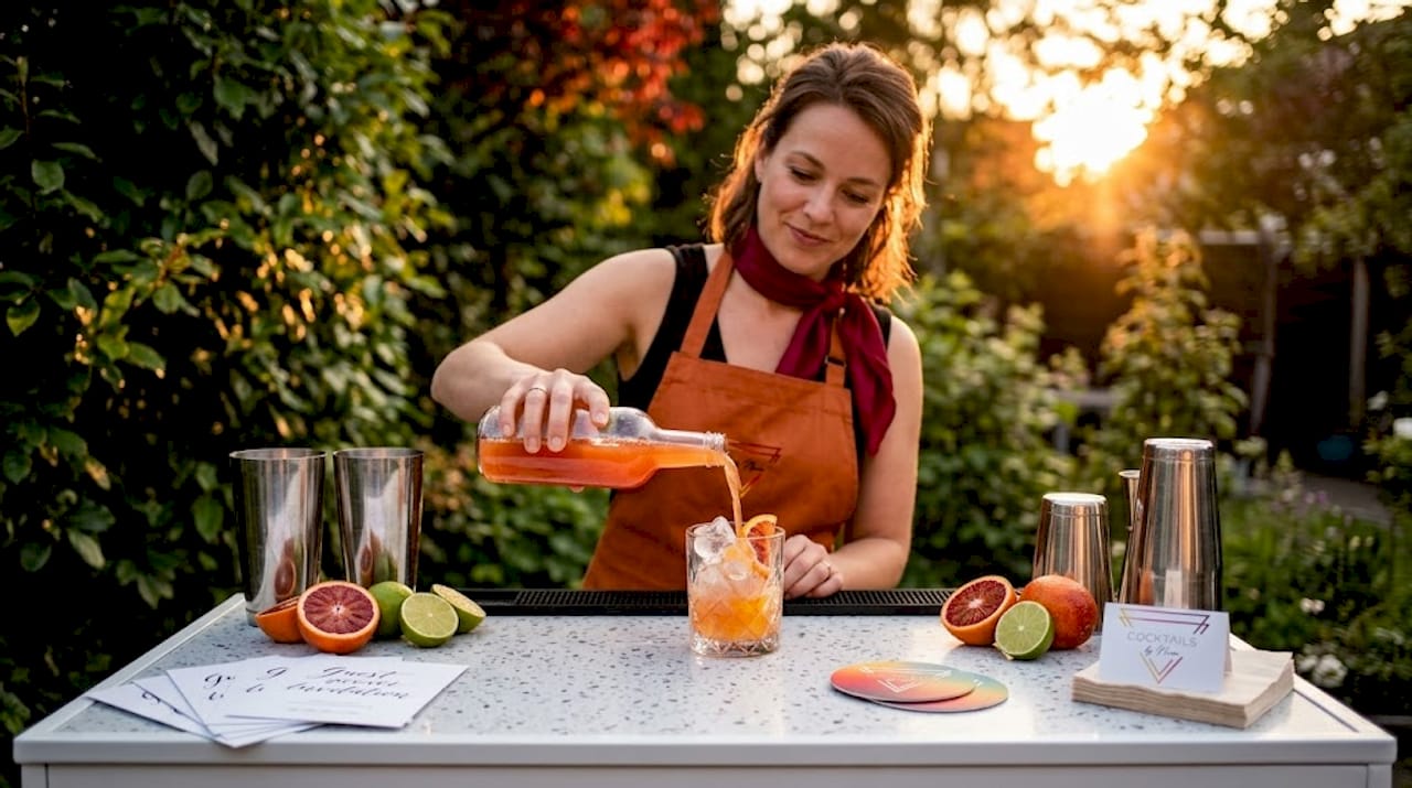 De organisator van het evenement schenkt een luxe cocktail in aan de bar in het loft.