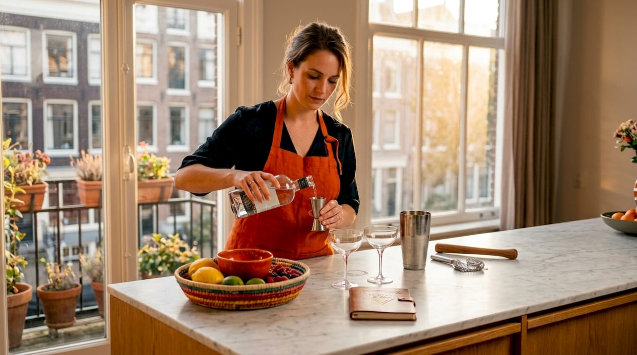 Een vrouw maakt stijlvolle cocktails klaar met professionele bartools.
