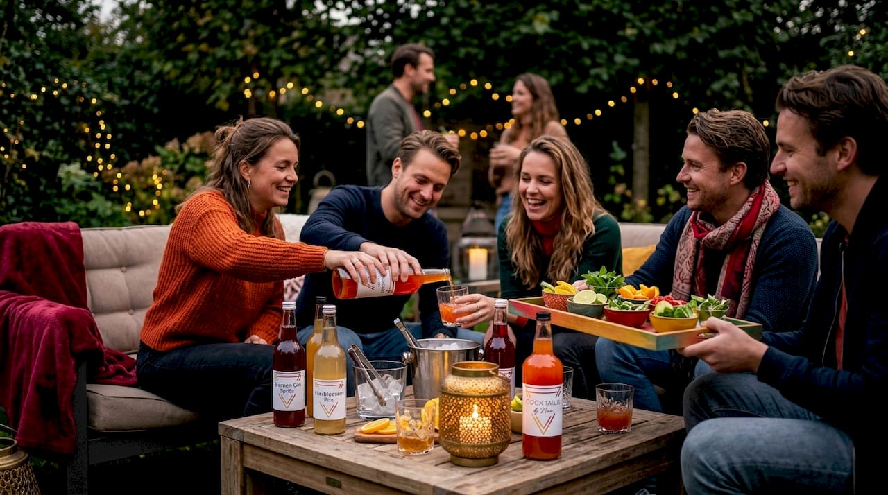 Gezellig samen met vrienden thuis genieten van kant-en-klare cocktails tijdens een borrelavond.