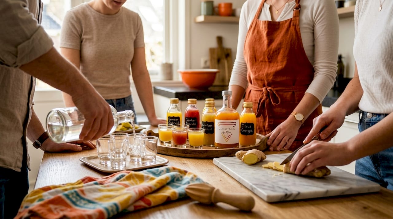 Drie vrienden duiken samen de keuken in om vrolijke feest- en gezonde wellness-shotjes te maken.