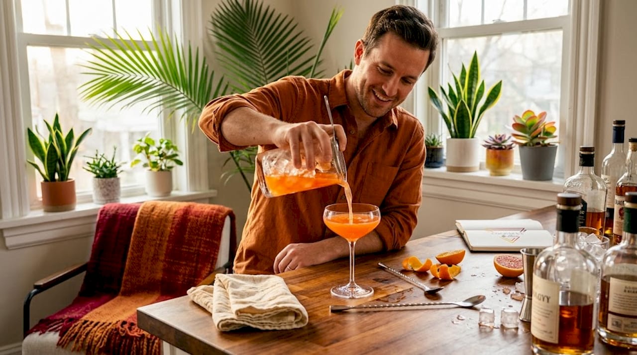 De cocktail wordt aan de huisbar in het glas geschonken.