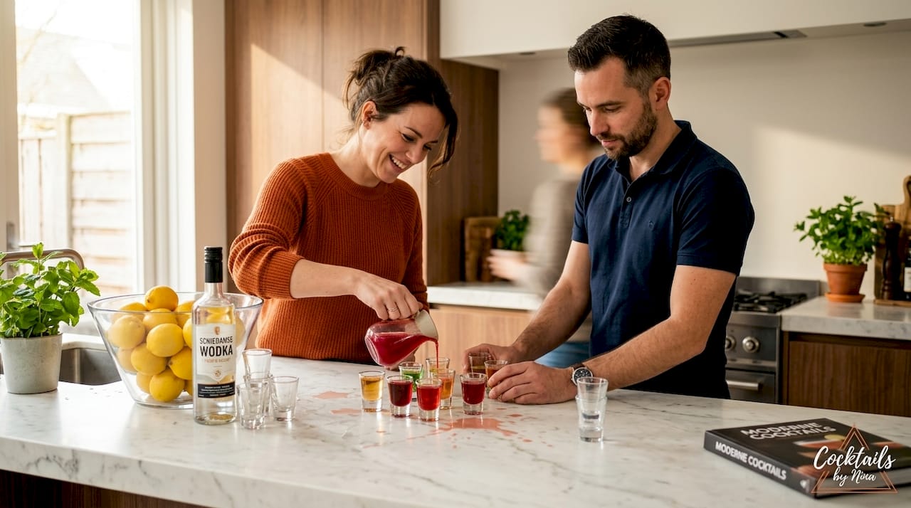In de keuken worden vrolijk gekleurde shotjes ingeschonken.