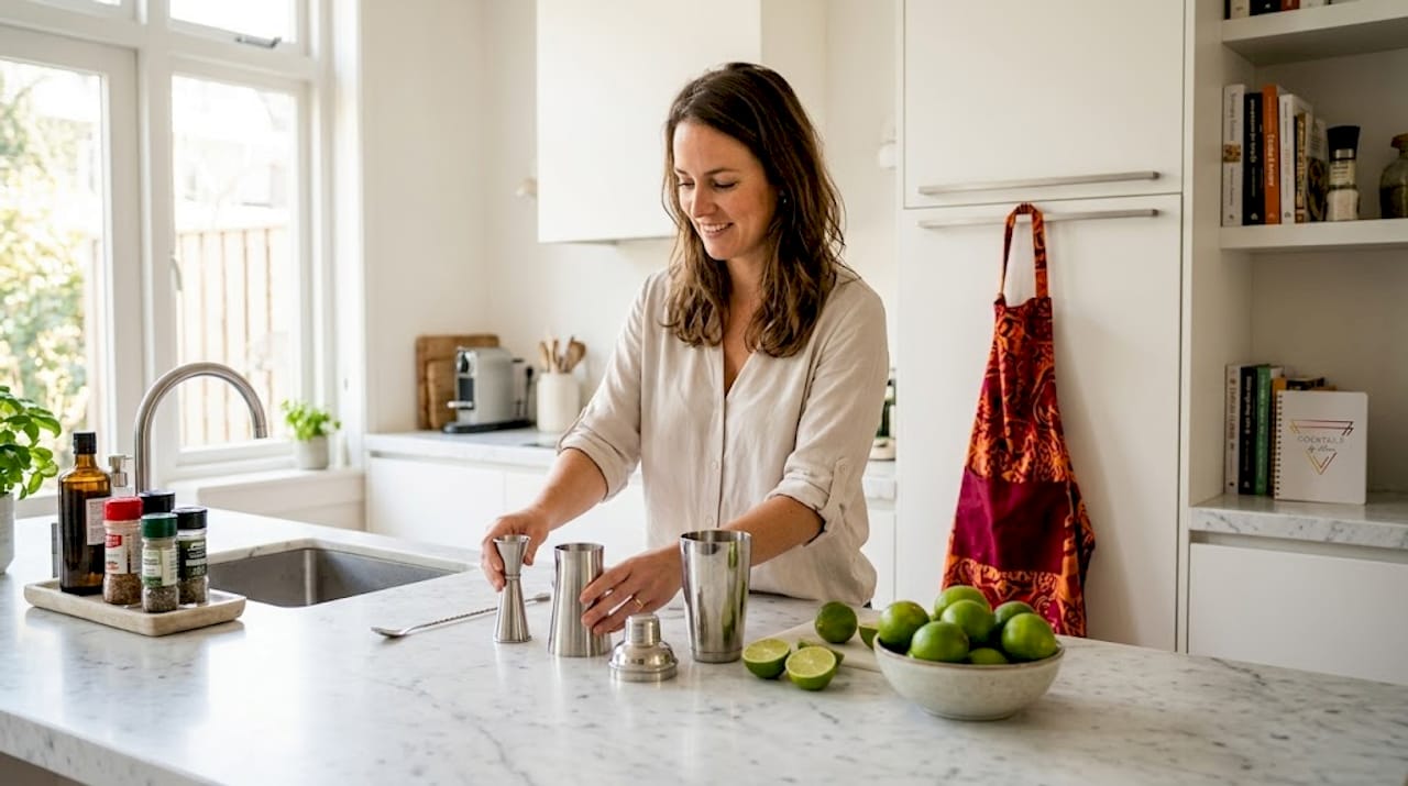 Een vrouw zet haar cocktailbenodigdheden netjes op het aanrecht, klaar om aan de slag te gaan.