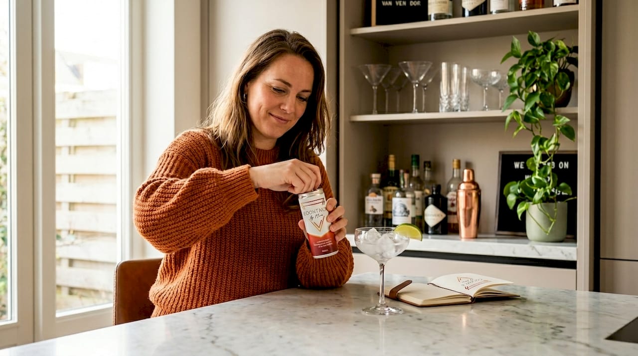 Een vrouw schenkt een kant-en-klare cocktail in terwijl ze gezellig in de woonkamer zit.