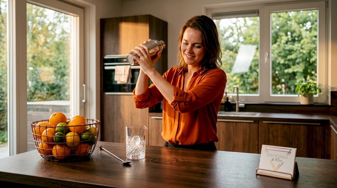 Een vrouw staat in haar zonnige keuken een cocktail te shaken.