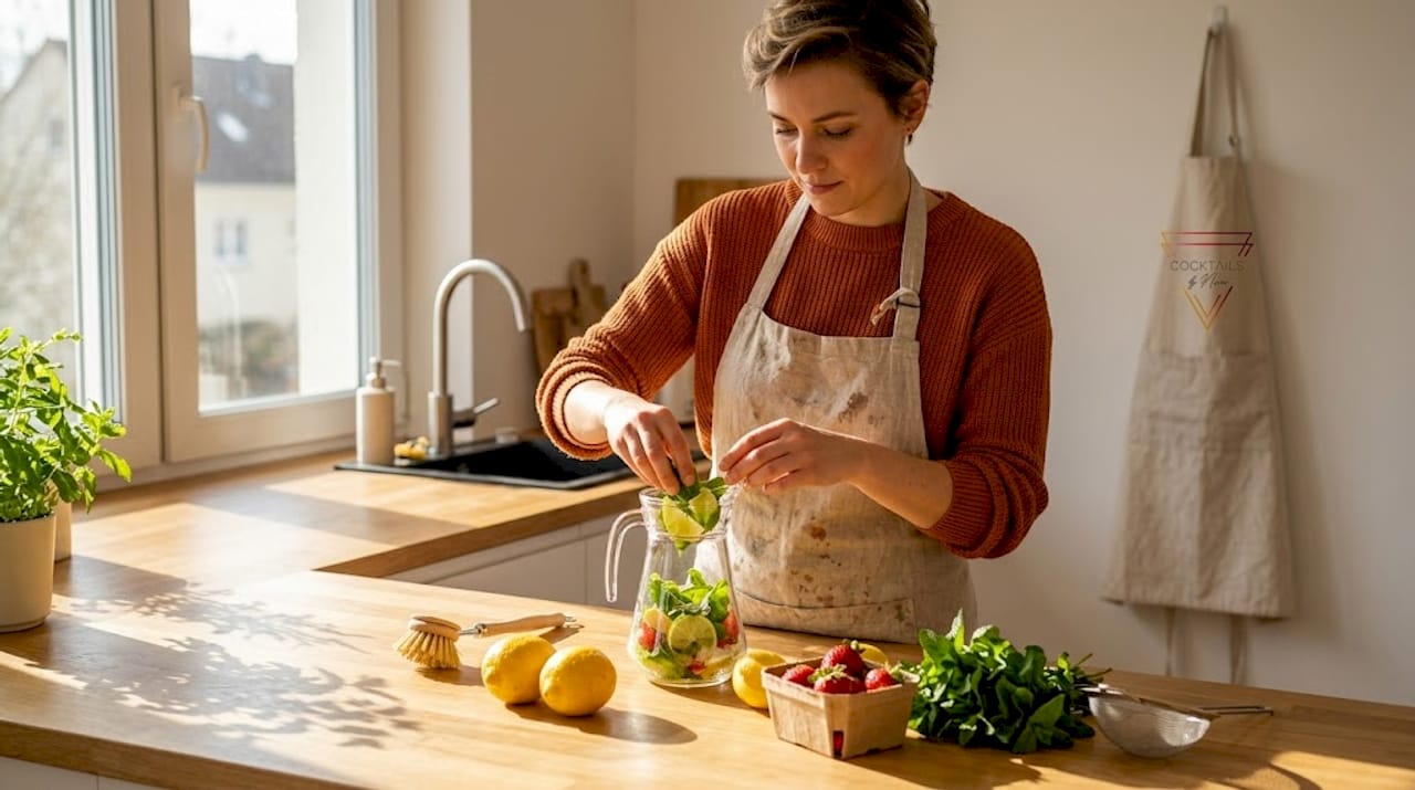 Een vrouw maakt in haar keuken een milieuvriendelijke cocktail klaar.
