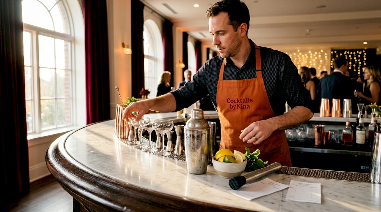 De bartender zet met veel aandacht en snelheid zijn werkplek aan de bar klaar, zodat hij straks moeiteloos de lekkerste cocktails kan maken.
