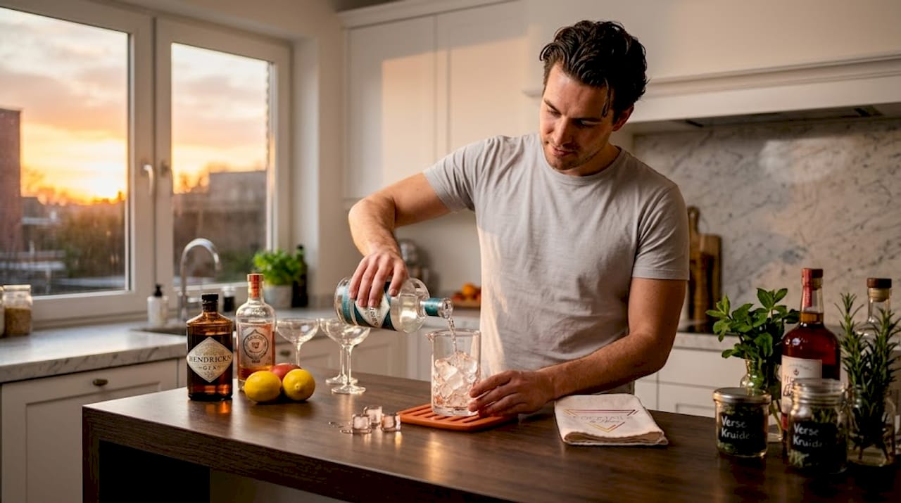Een man maakt thuis cocktails met goede drank, alsof hij een echte bartender is.