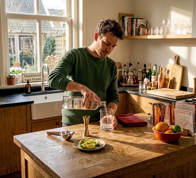 In de keuken schenkt een man een borrel in.