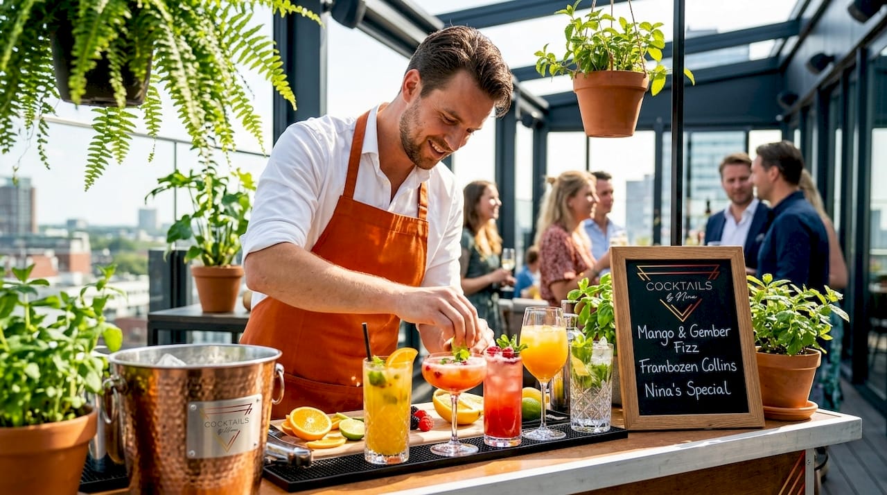 De bartender is druk bezig om de mobiele bar klaar te zetten voor het evenement.