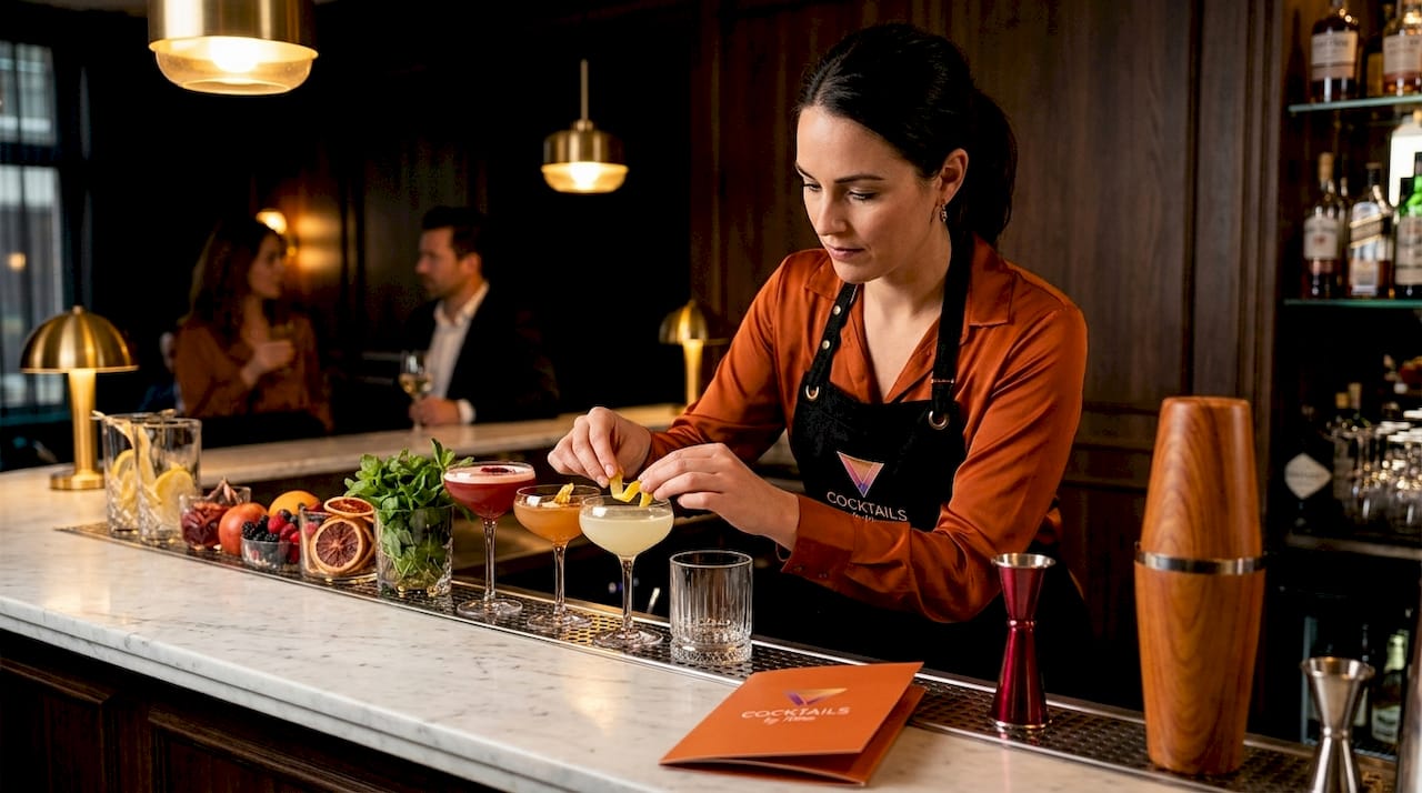 Achter de bar legt de bartender zorgvuldig de garneringen klaar voor de cocktails.