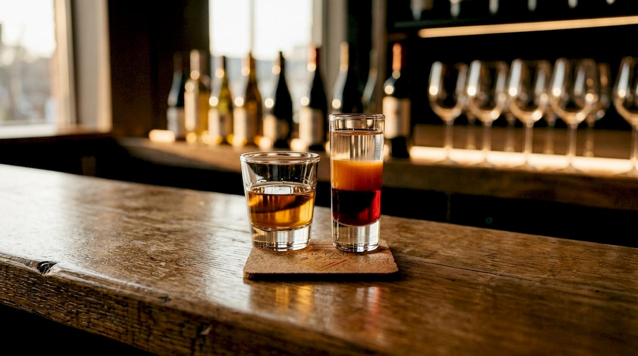 Een shotglas en een kleurrijke shooter staan uitnodigend op de bar.