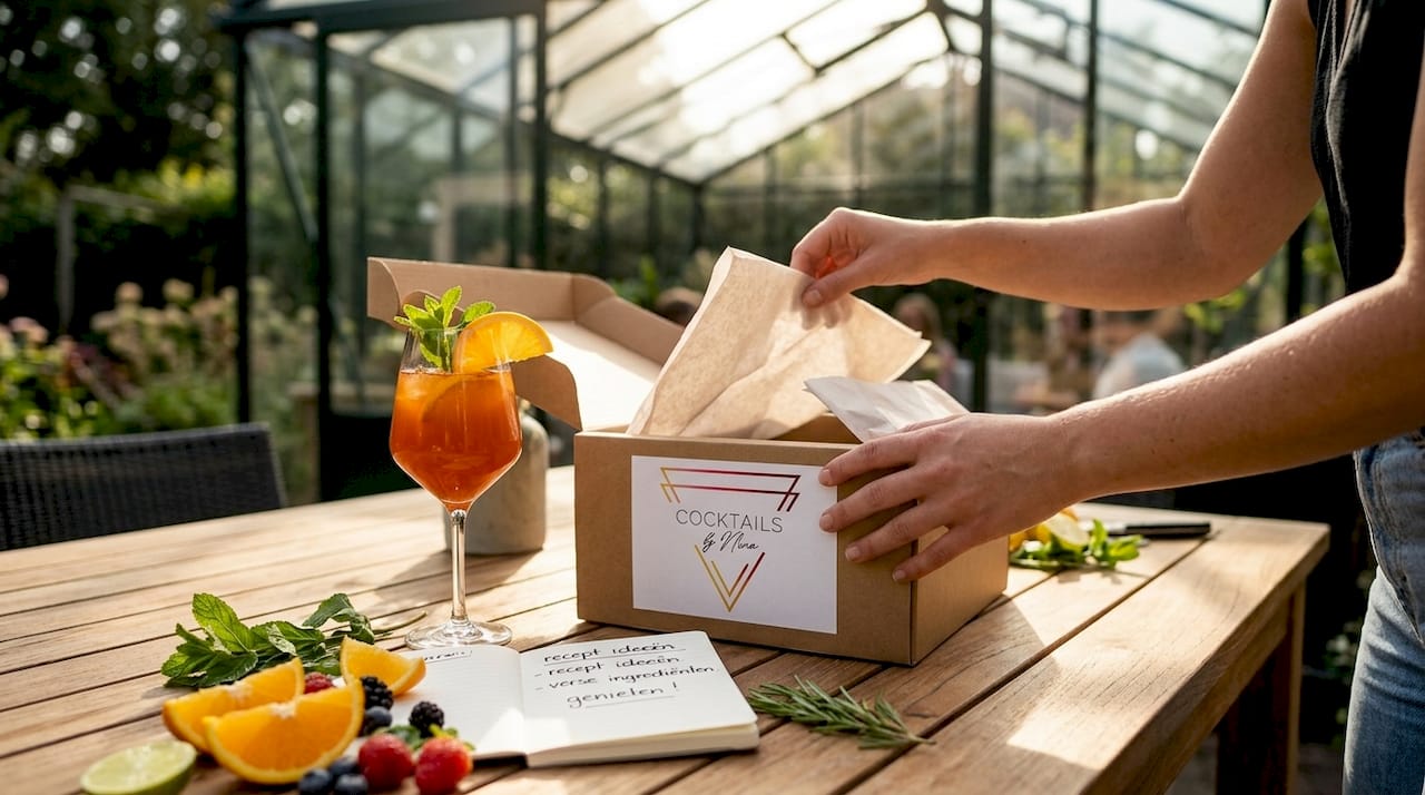Een paar handen opent een gepersonaliseerde cocktailbox op een houten tafel.