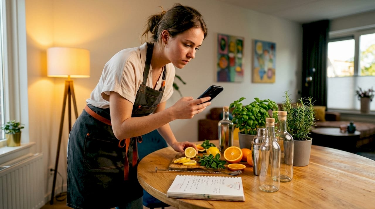 Een vrouw staat in de keuken en maakt alvast een lijstje met welke cocktails ze straks wil gaan maken.