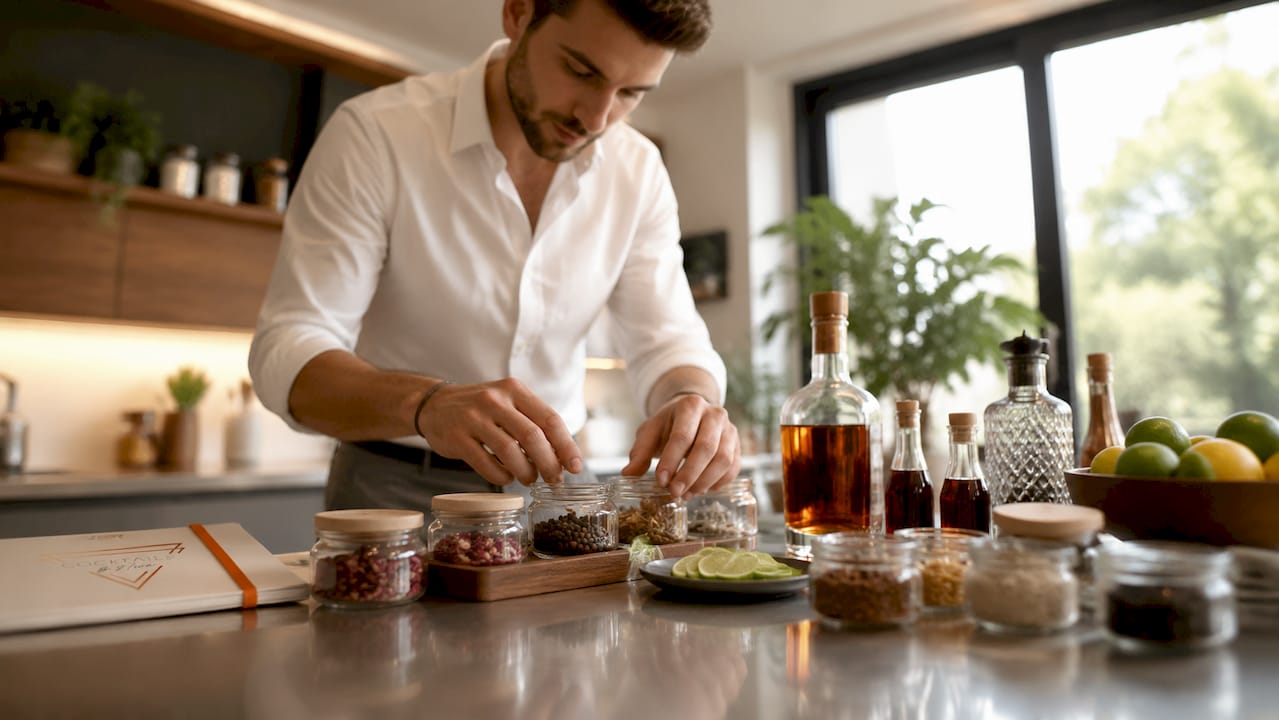 Een enthousiaste thuisbartender legt zorgvuldig zijn beste cocktailingrediënten klaar op het aanrecht, klaar om een bijzondere drank te mixen.