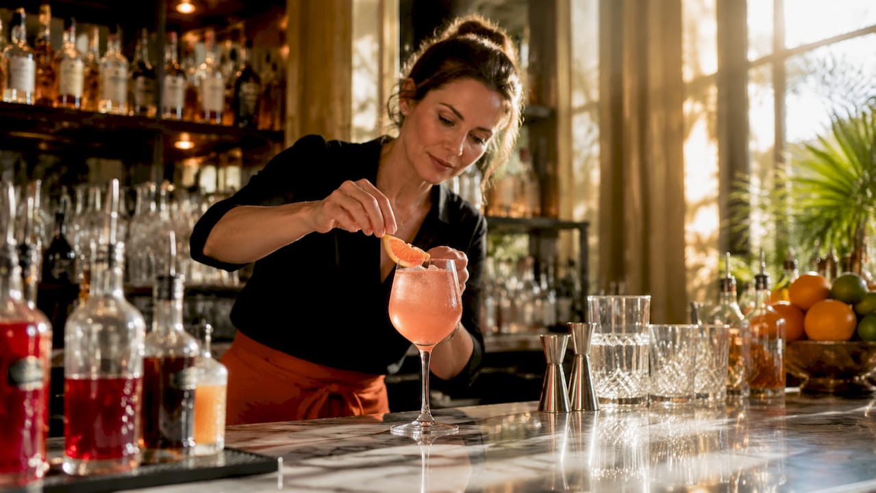 Achter de bar is de barman bezig een frisse aperitiefcocktail te shaken.
