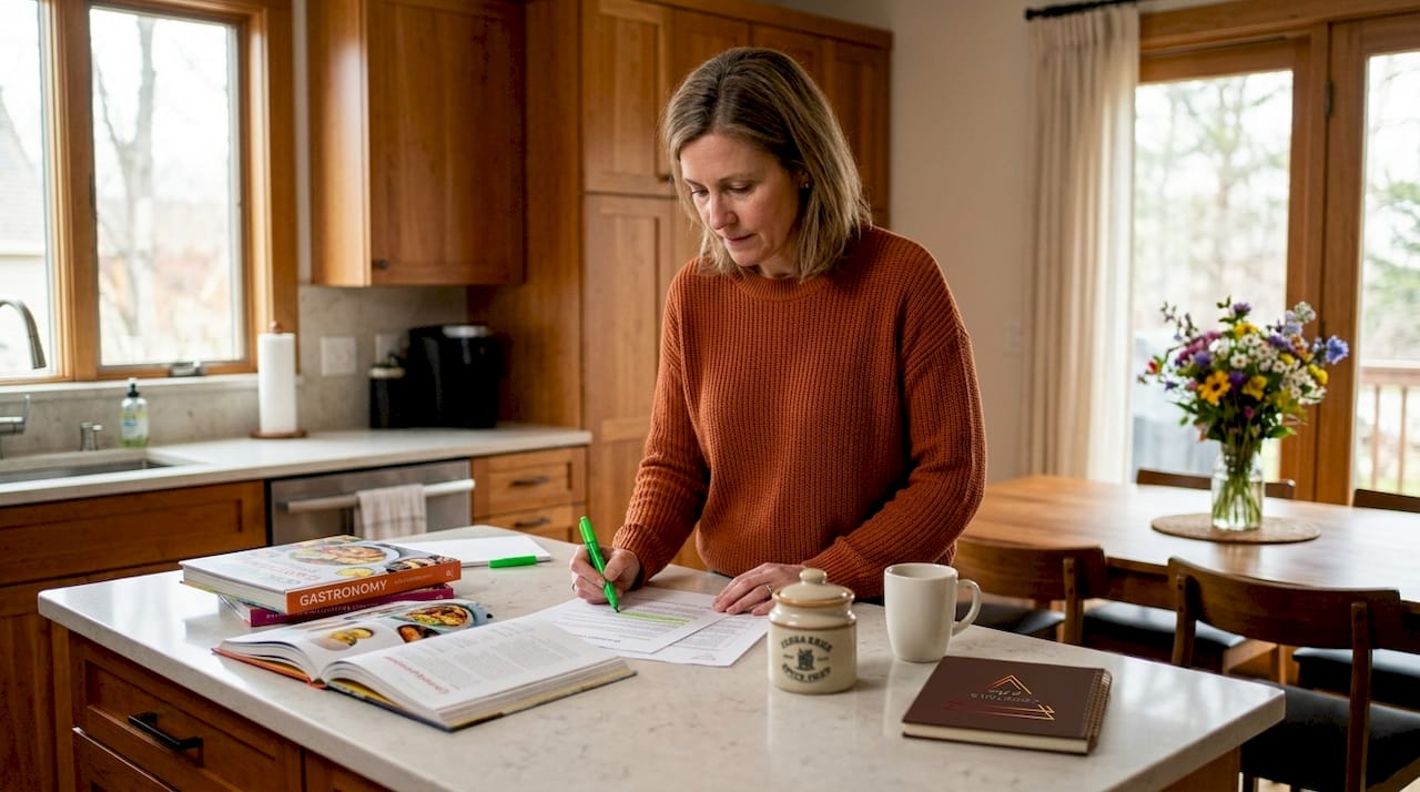 Een vrouw zit aan haar bureau en neemt de cateringinstructies voor een evenement nauwkeurig door.