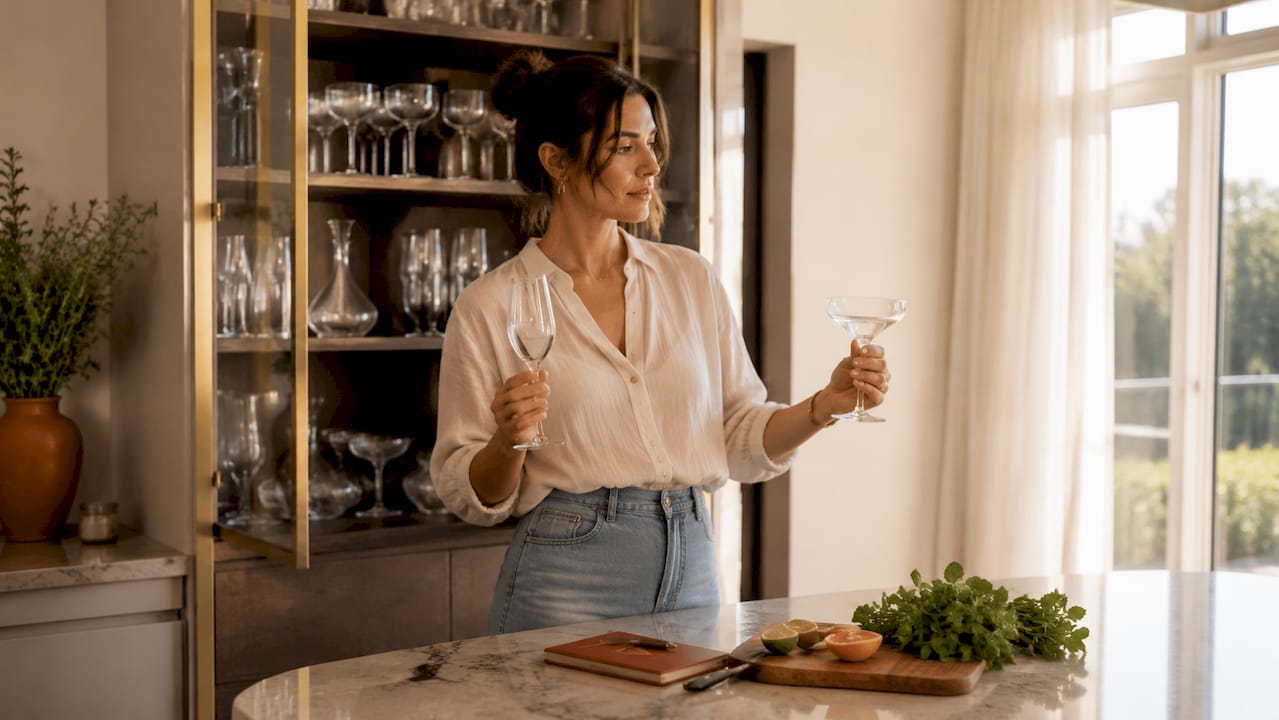 In een moderne keuken pakt een vrouw zorgvuldig een glas uit het keukenkastje.
