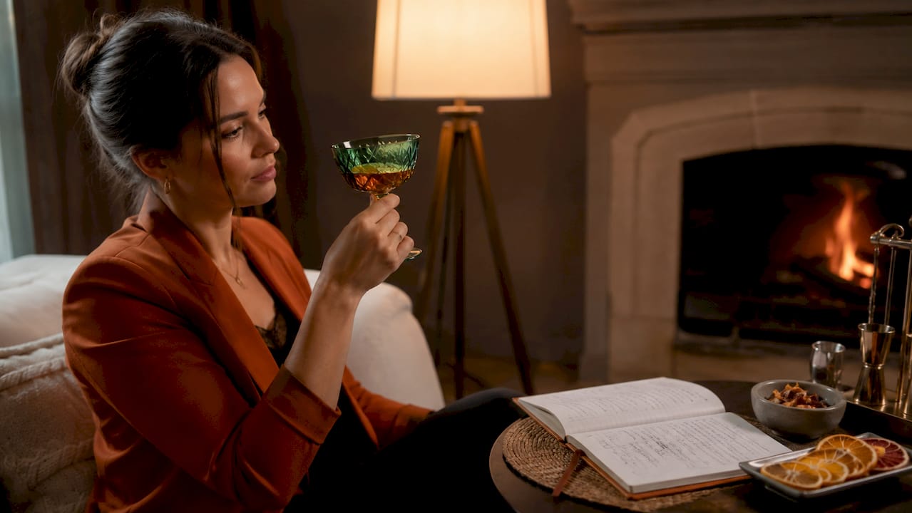 Een vrouw geniet thuis aan haar eigen bar van een exclusieve sterke drank.