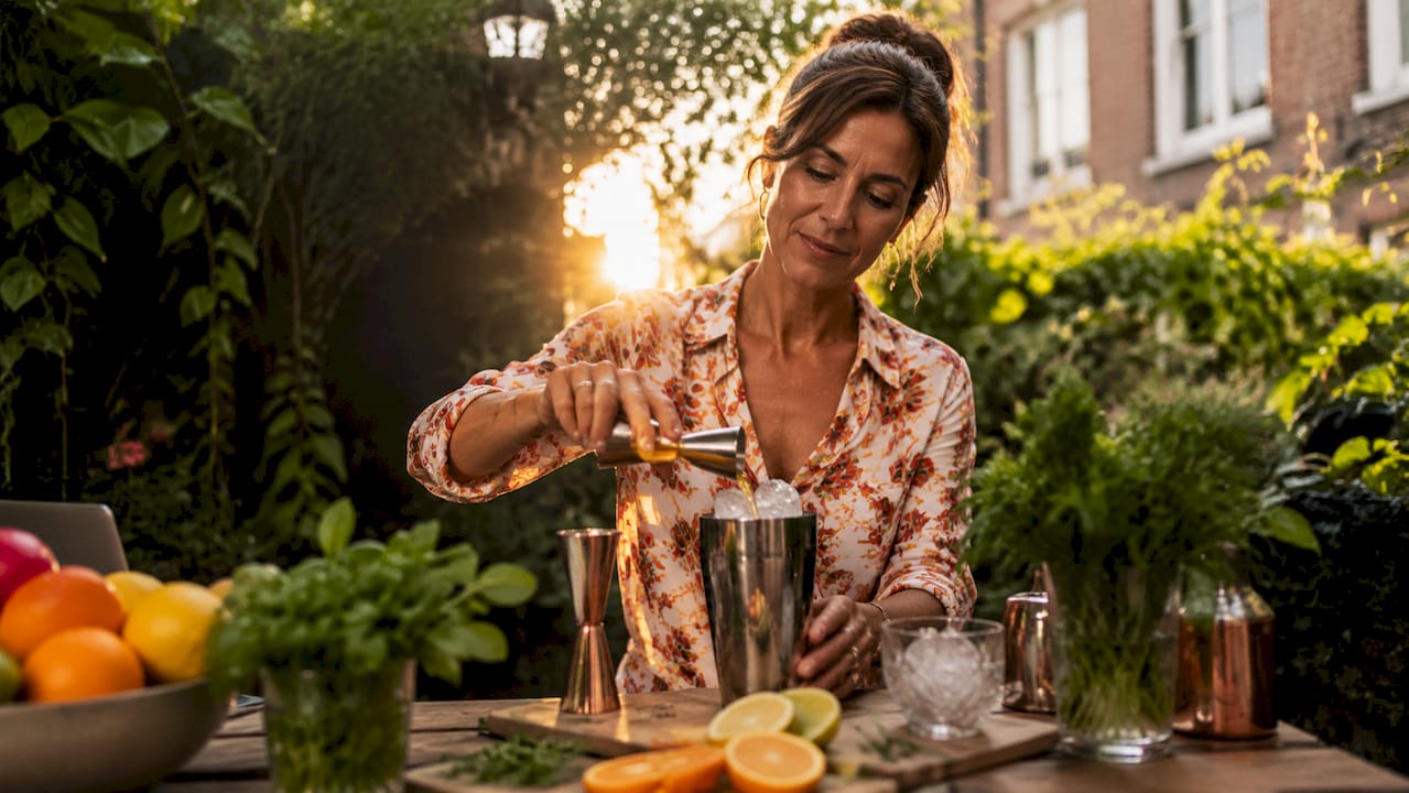 Een vrouw maakt in haar eigen keuken een cocktail met Licor 43 klaar.