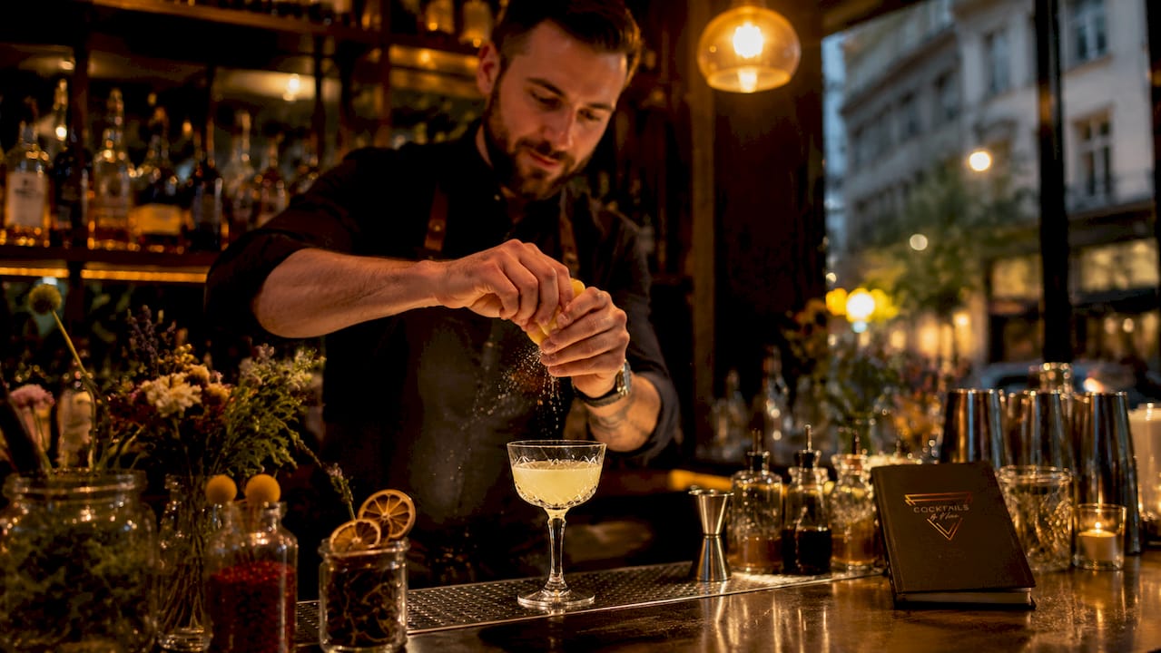 De bartender laat een frisse geur van citrusschil vrijkomen boven het cocktailglas, waardoor de drank een extra smaakdimensie krijgt.