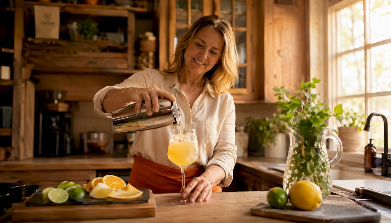 Vrouw mixt een kant-en-klare cocktail in haar keuken