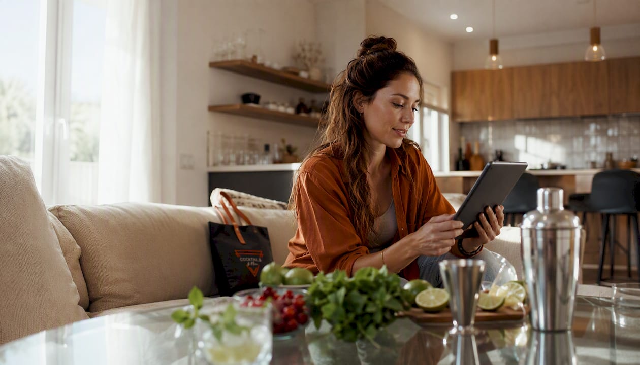 Vrouw zoekt naar alternatieven voor cocktails op haar tablet terwijl ze in de keuken staat.