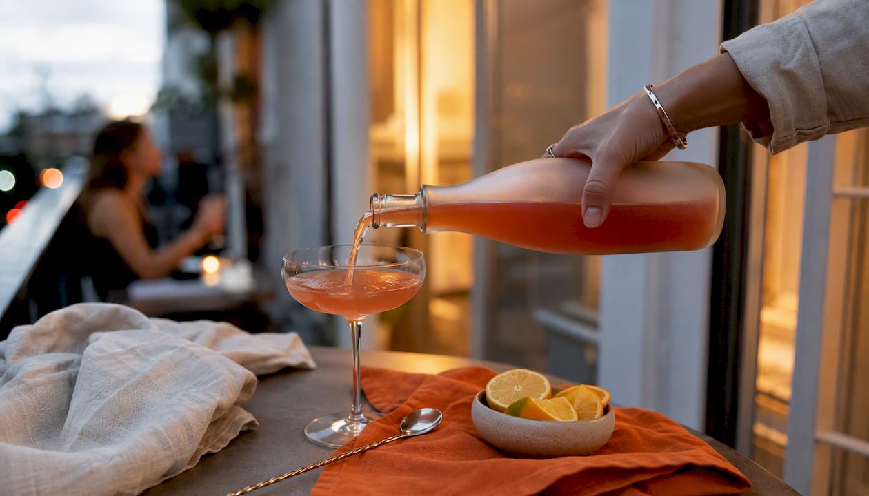 Een hand schenkt een kant-en-klare cocktail in een glas