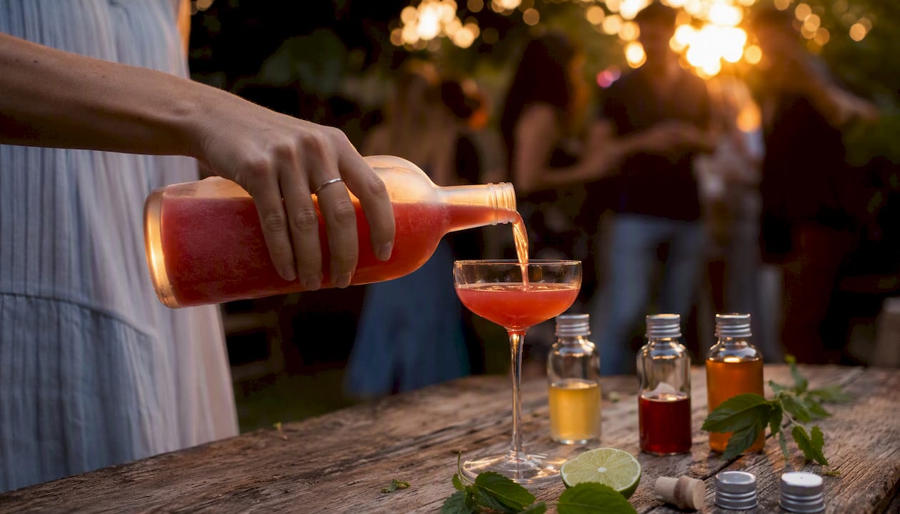 Thuis een cocktail inschenken, rechtstreeks uit de shaker in het glas.