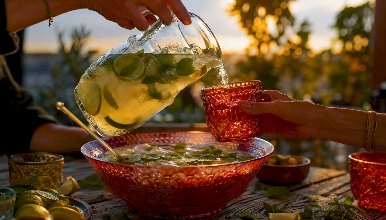 Met zorg wordt de basis voor de cocktail punch in een grote kom geschonken.