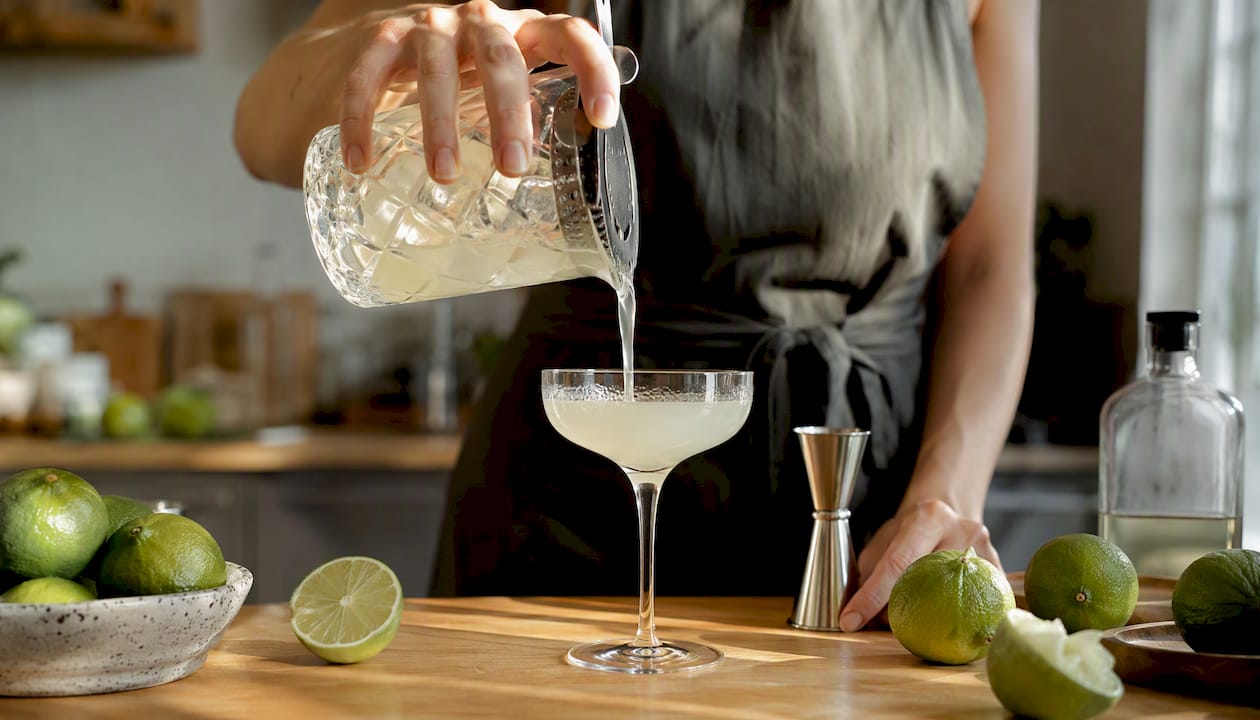 Een paar handen schenkt een frisse, zure cocktail uit in een elegant coupeglas.
