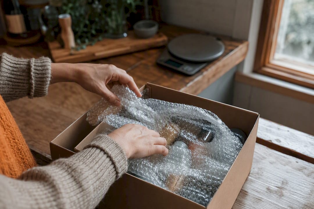 Handen die een cocktailcadeauverpakking inpakken voor verzending