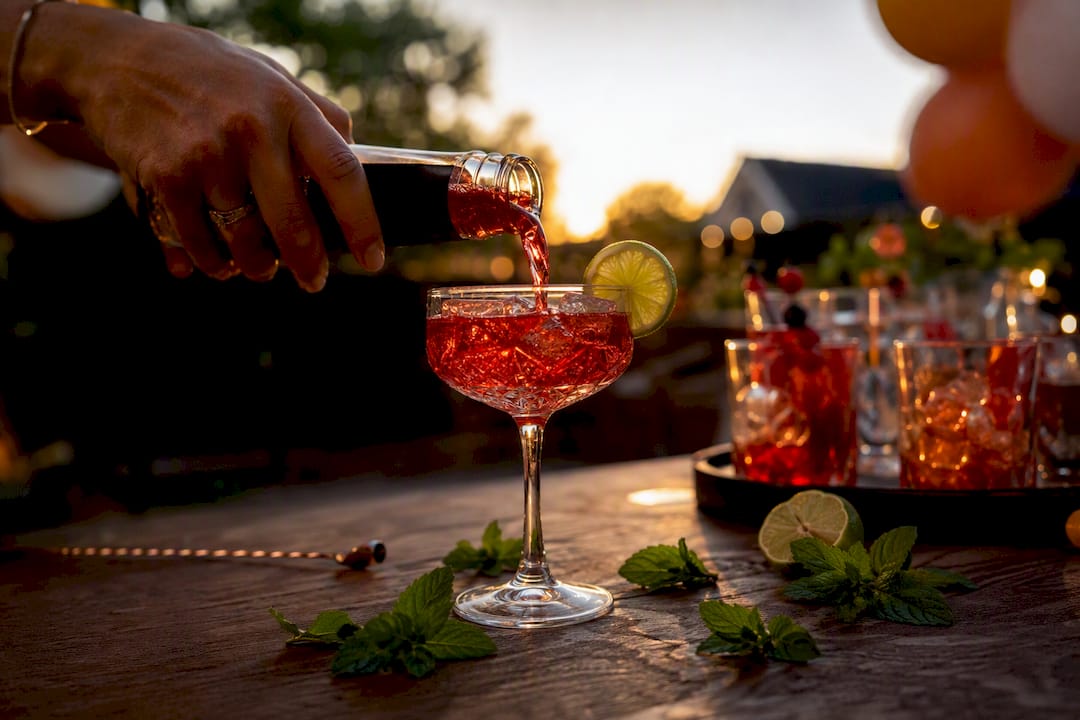 Handen die een rode cocktail in een coupeglas schenken