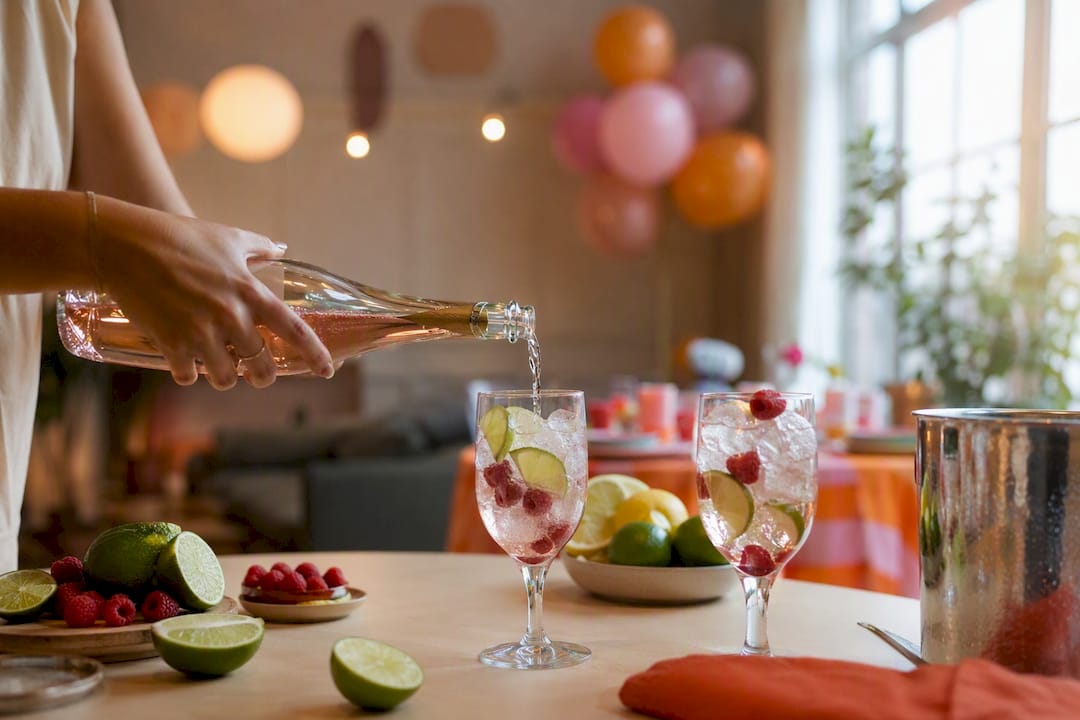 Handen bereiden een kleurrijke mocktail met fruitgarnering