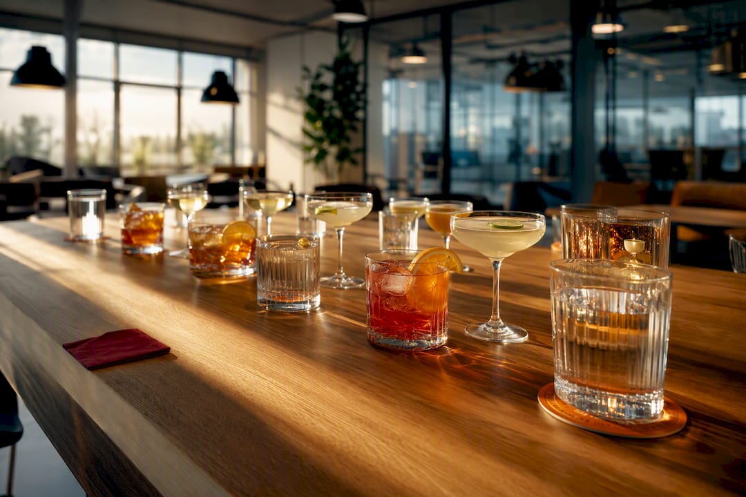 Cocktailglazen klaarzetten voor de borrel op kantoor