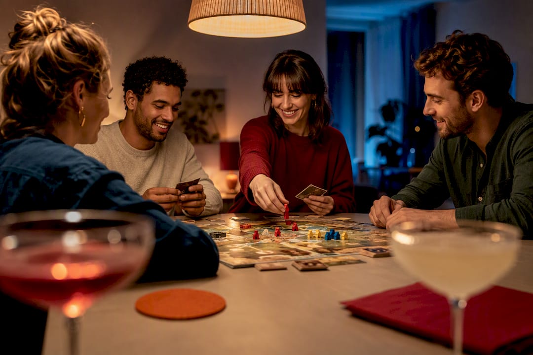 Vrienden spelen een bordspel met cocktails erbij