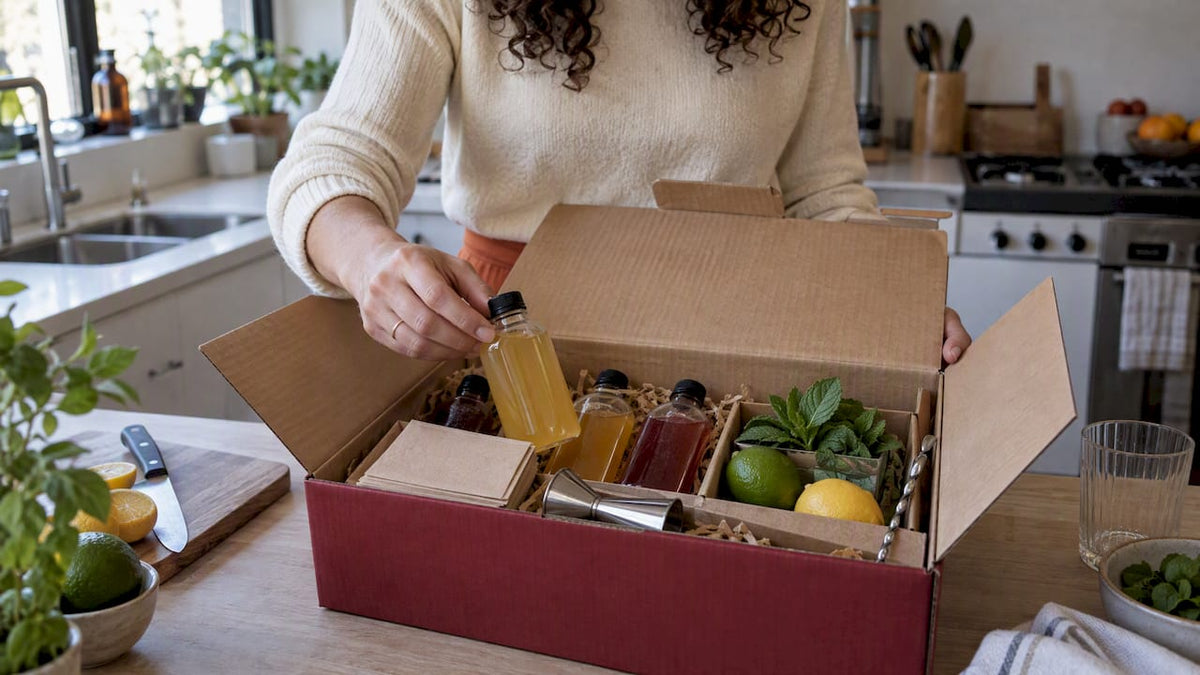 Opengeklapte cocktailbox met inhoud op het aanrecht